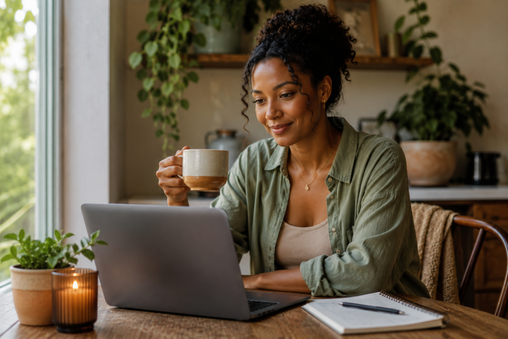 Woman relaxing at home with coffee while reviewing her dividend ETF investments on a laptop